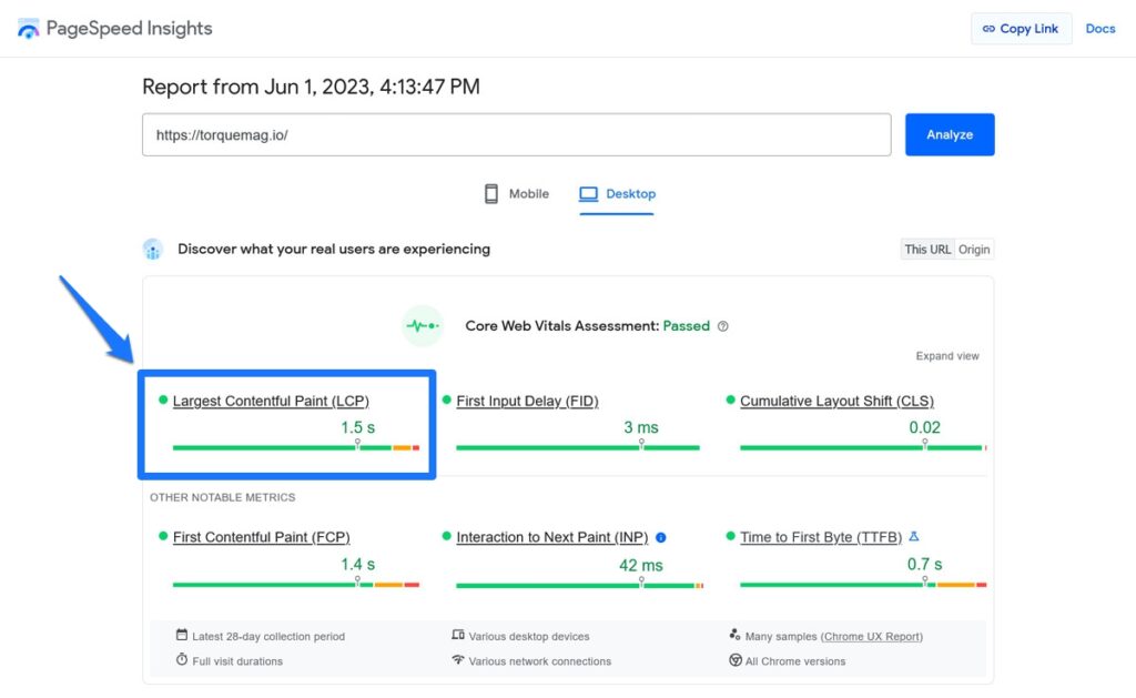 lcp metric in pagespeed insights