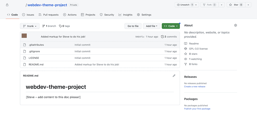 A repo home page on GitHub. It shows the path for the repo, a selection of navigation options to carry out different tasks, and a list of changes based on a recent commit. There is also information about the repo, such as its license, description, and release schedule.