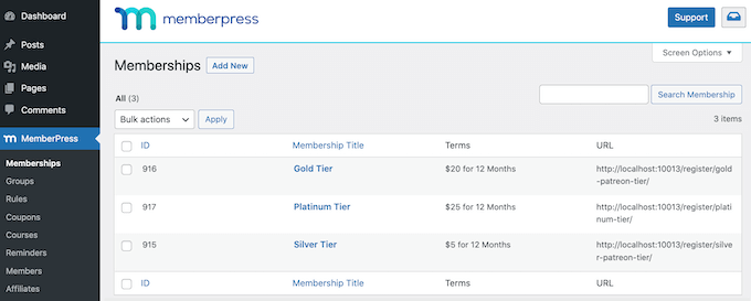 Membership tiers, in the MemberPress WordPress plugin