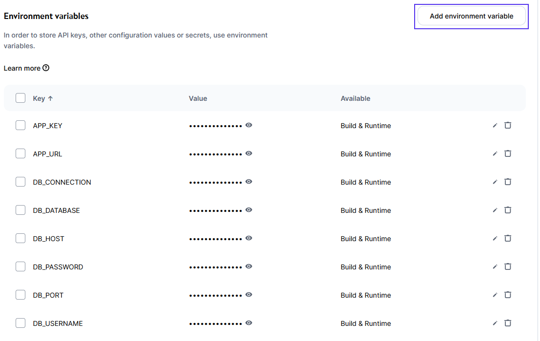 The environment variables for your hosted database