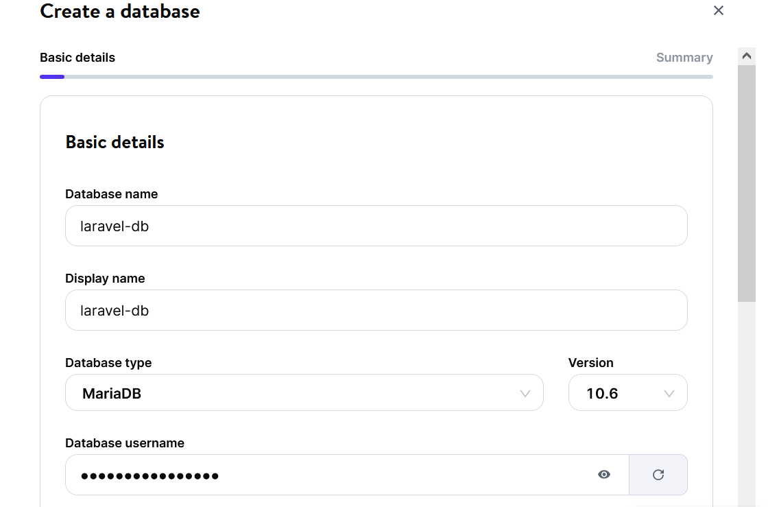 Creating a database in MyKinsta