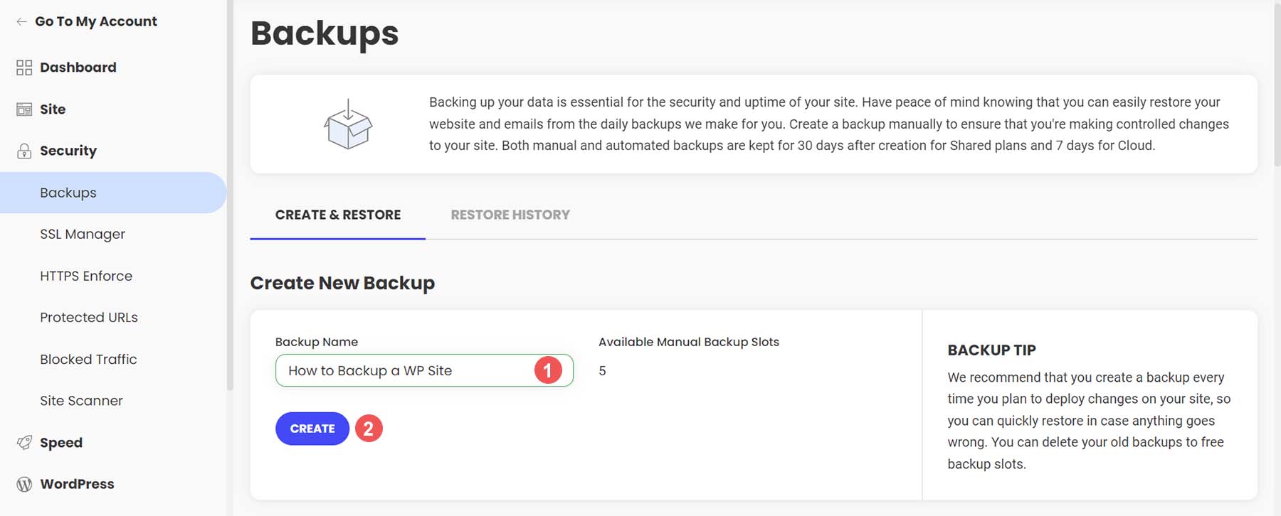 Name and start your web hosting backup process