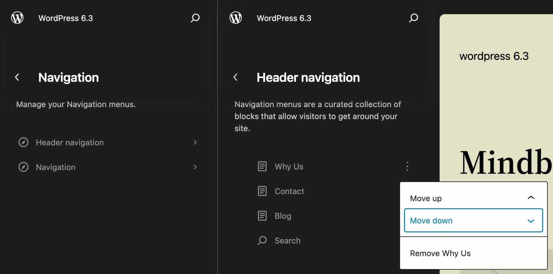 Navigation menus in the Site Editor
