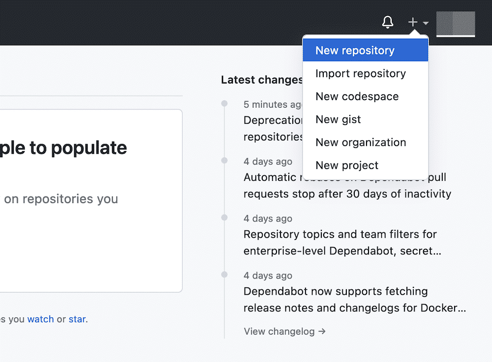 A portion of the GitHub interface that shows a list of latest changes within the GitHub repo. On top is a drop-down menu with a number of options. The New repository option is highlighted in blue.