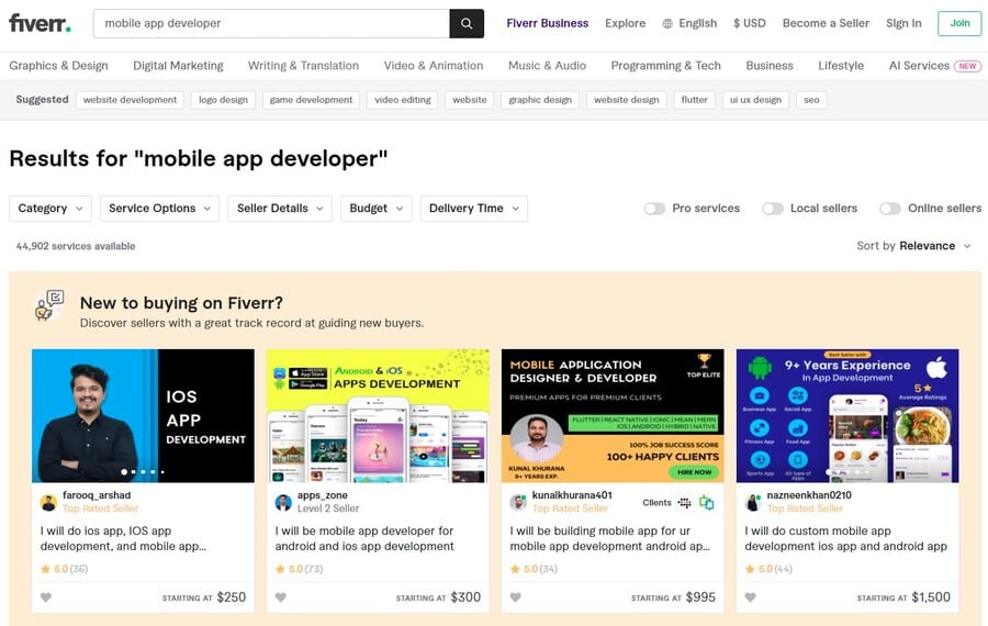 Searching for a mobile app developer on Fiverr