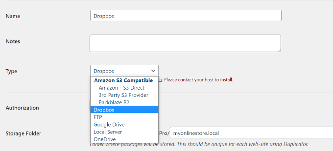 Select Dropbox as type