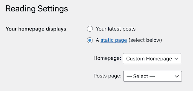 The WordPress homepage settings