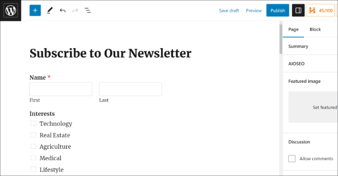 View preview of subscribe form