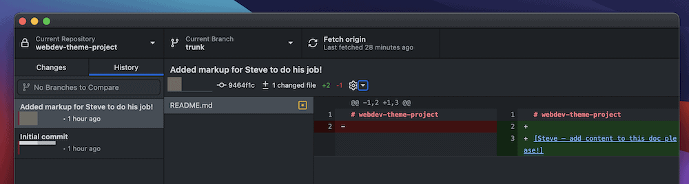 A portion of the GitHub Desktop interface that shows a single commit and its changes. It shows removal of whitespace that uses red highlighting, and line additions that use green highlighting.