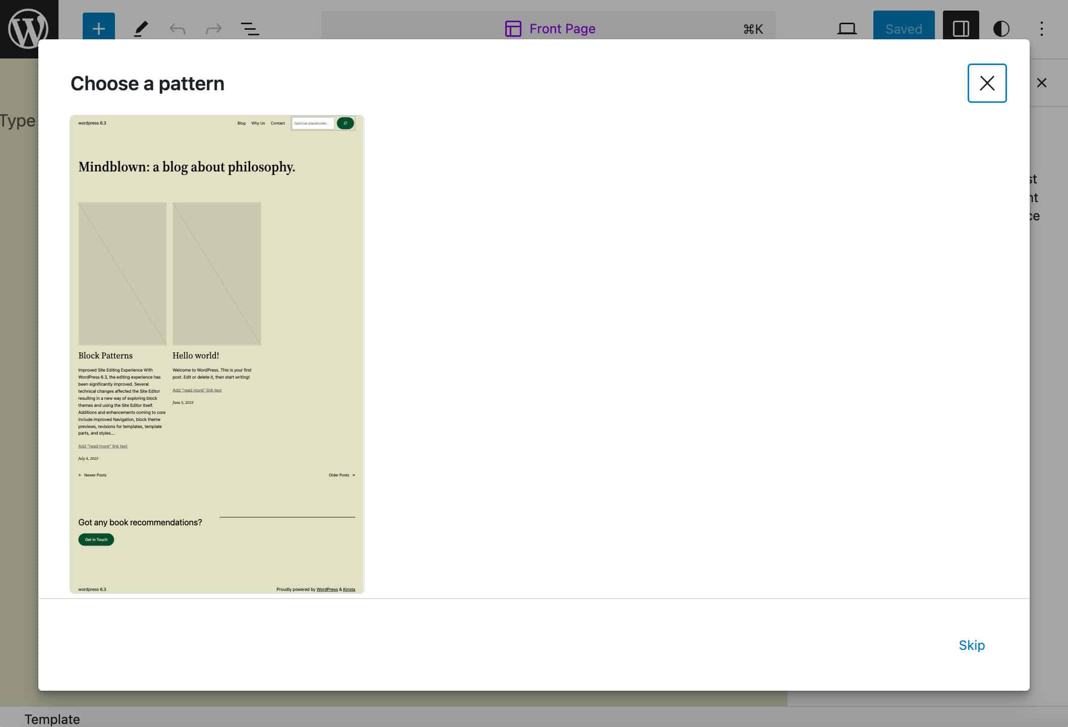 Choose a pattern in the template creation process