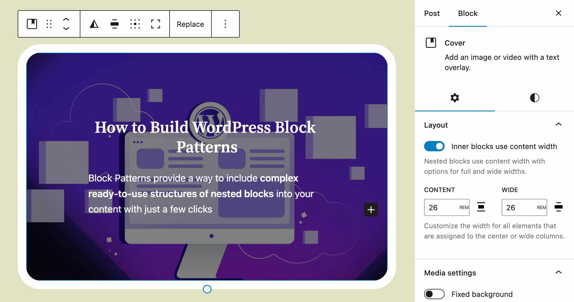 Layout settings for Cover block