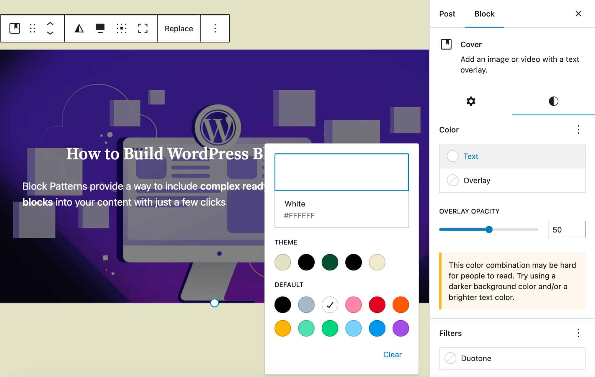 The Cover Block now supports the text color design tool