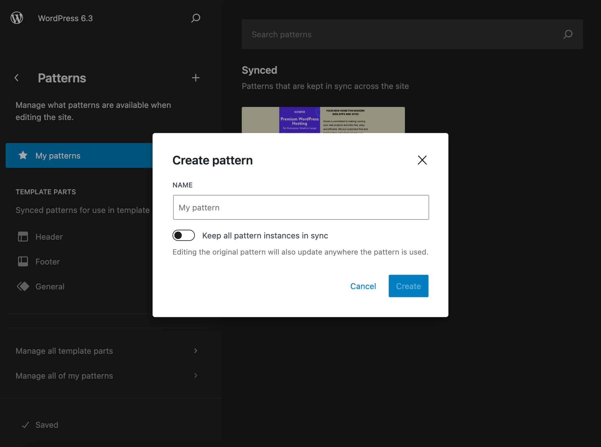 Create pattern in the Site editor