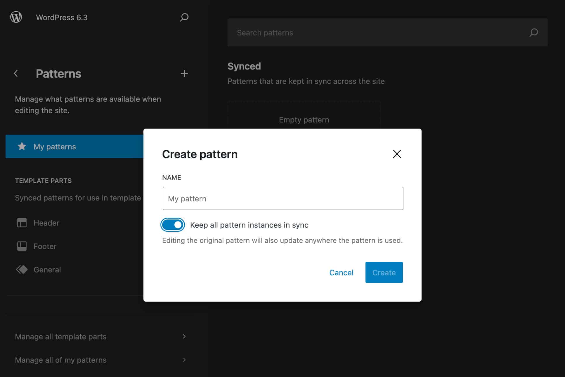 Creating a Synced pattern in WordPress 6.3