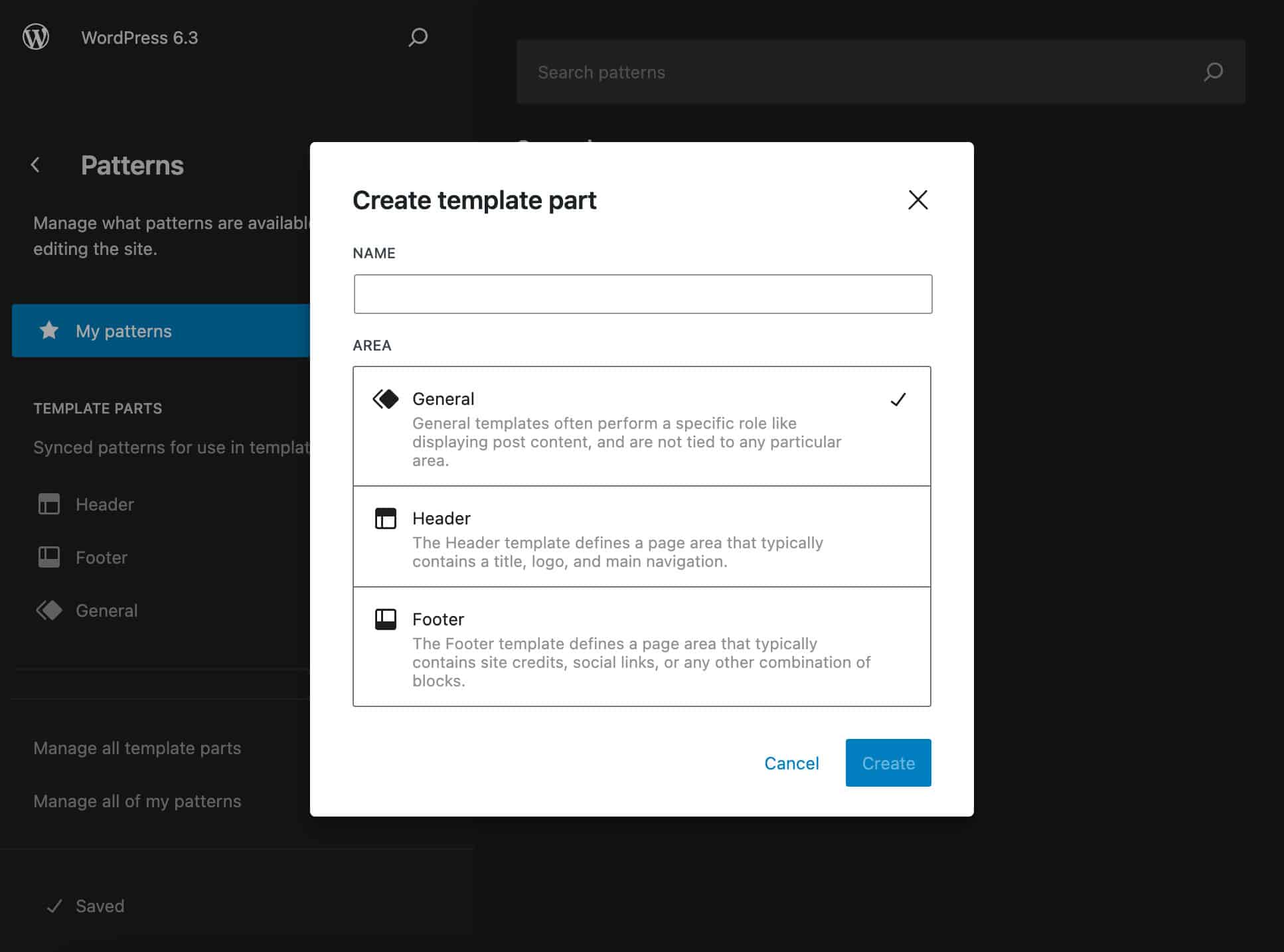 Create template part in the Site editor