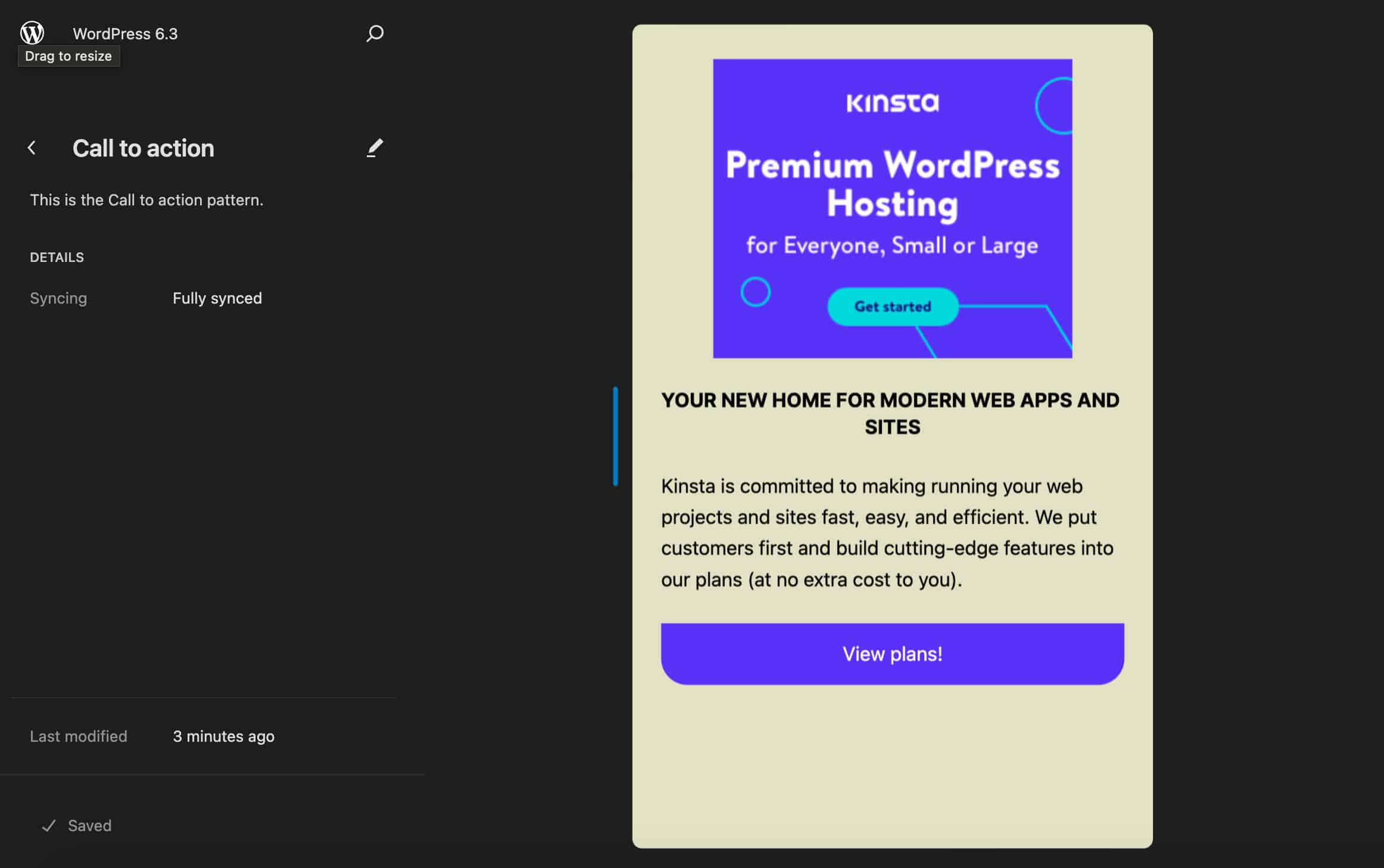 Previewing a custom block pattern in WordPress 6.3