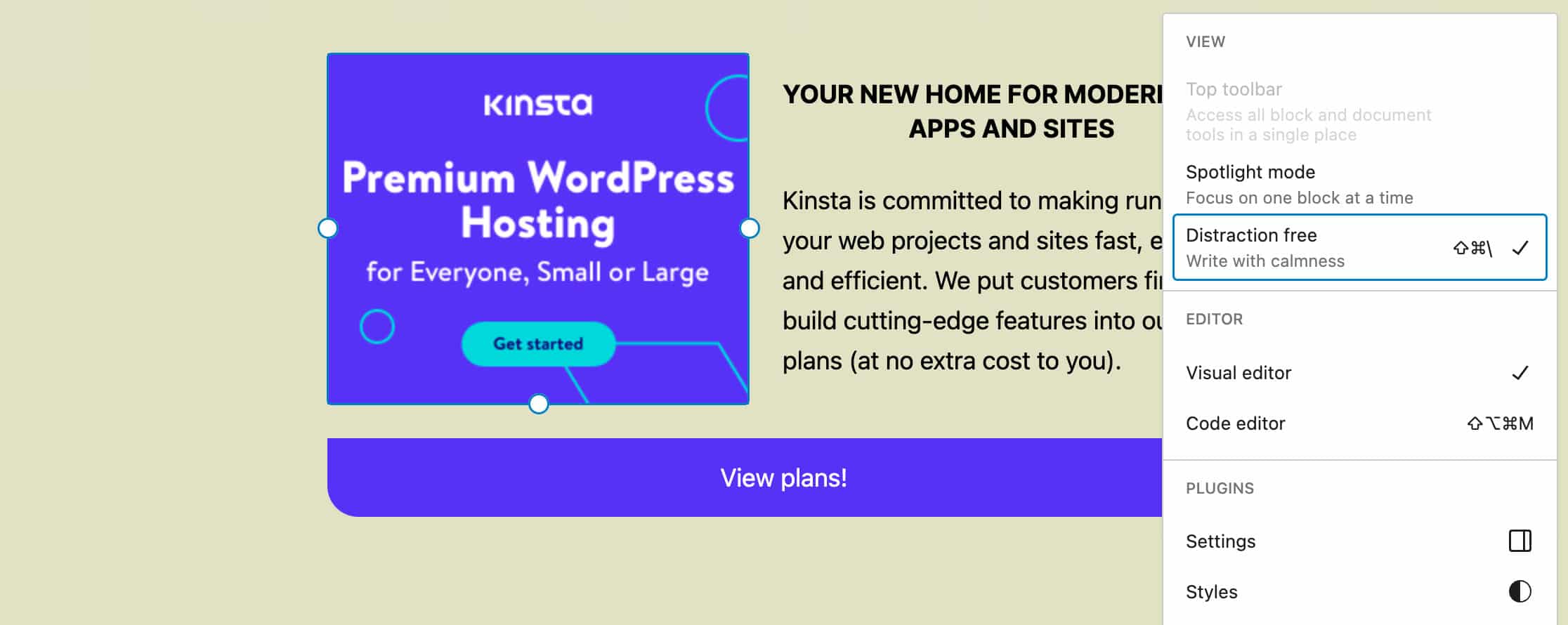 Distraction free mode in the Site Editor