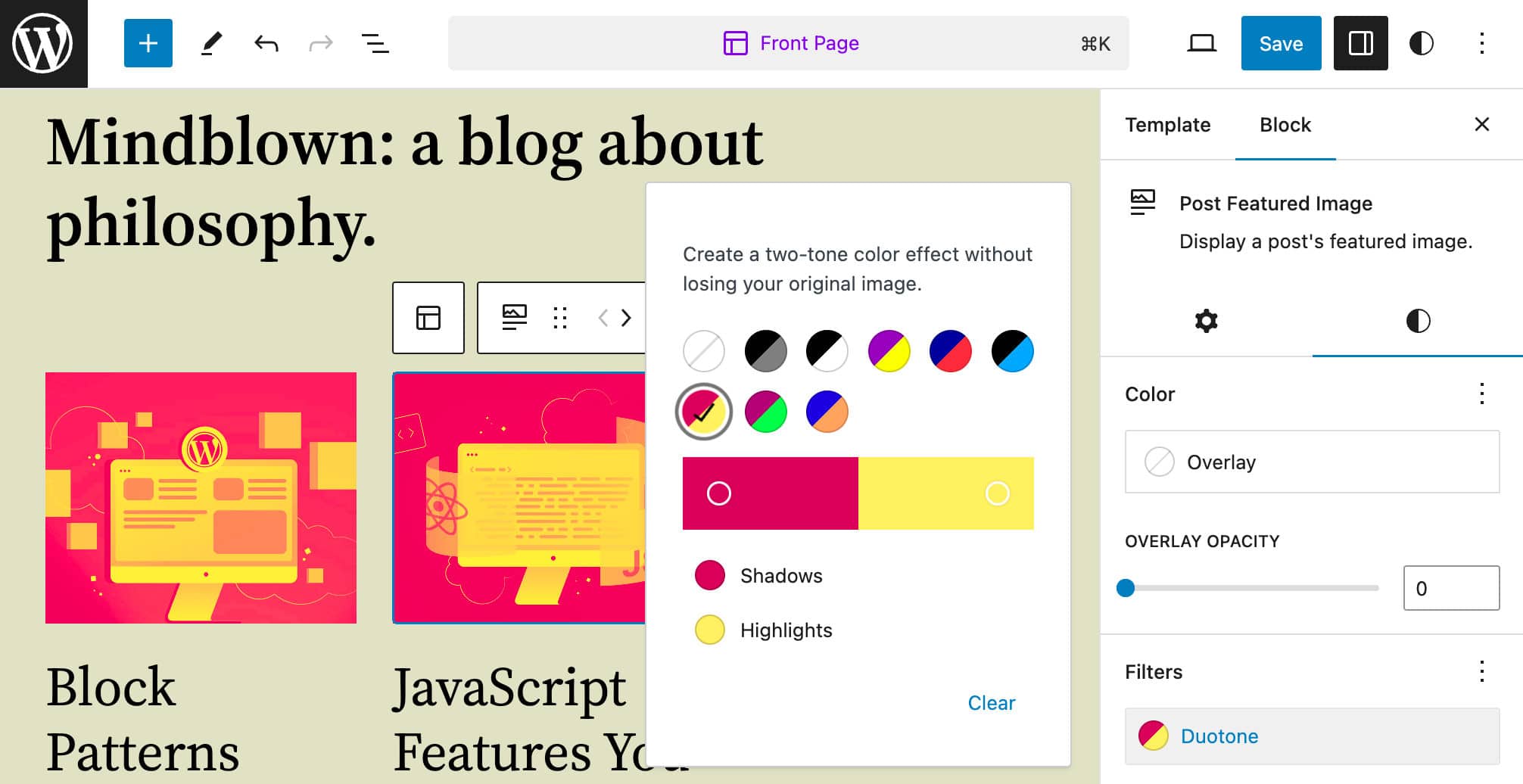 Applying the duotone filter in the Site Editor's Style panel