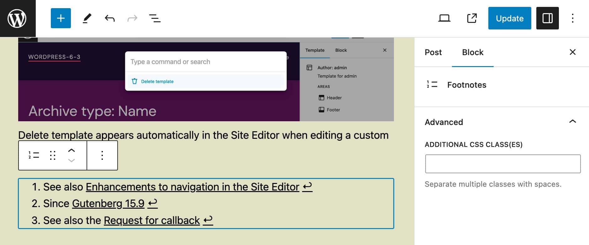 The Footnotes block in WordPress 6.3