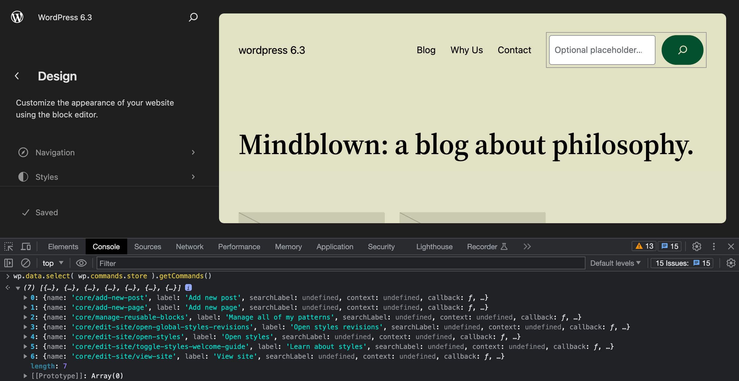 Listing commands in WordPress 6.3