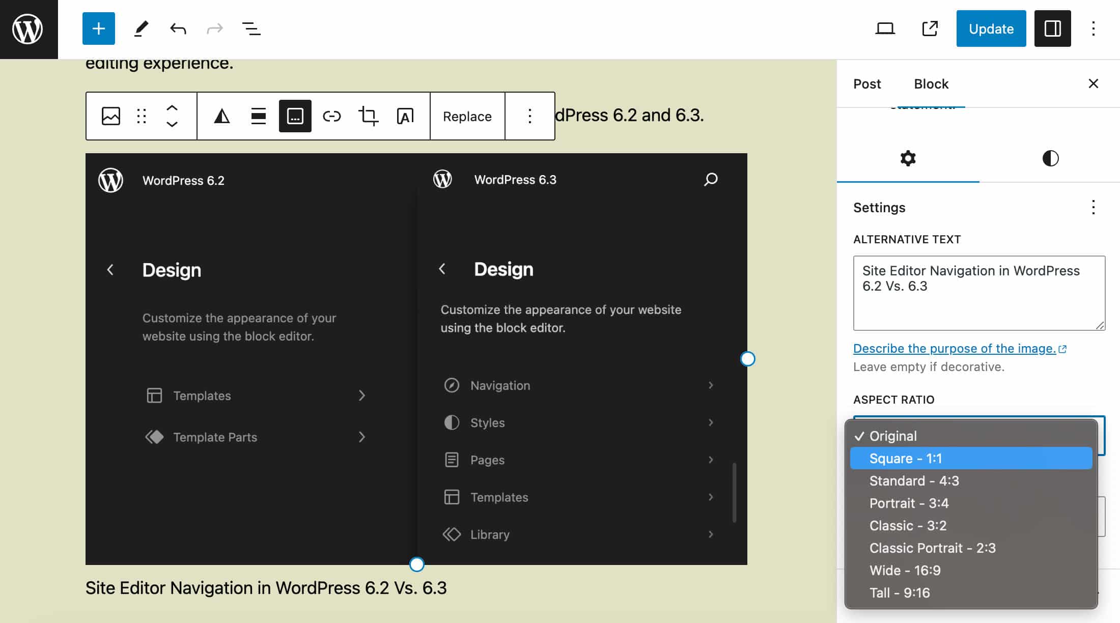 The Image block aspect ratio control