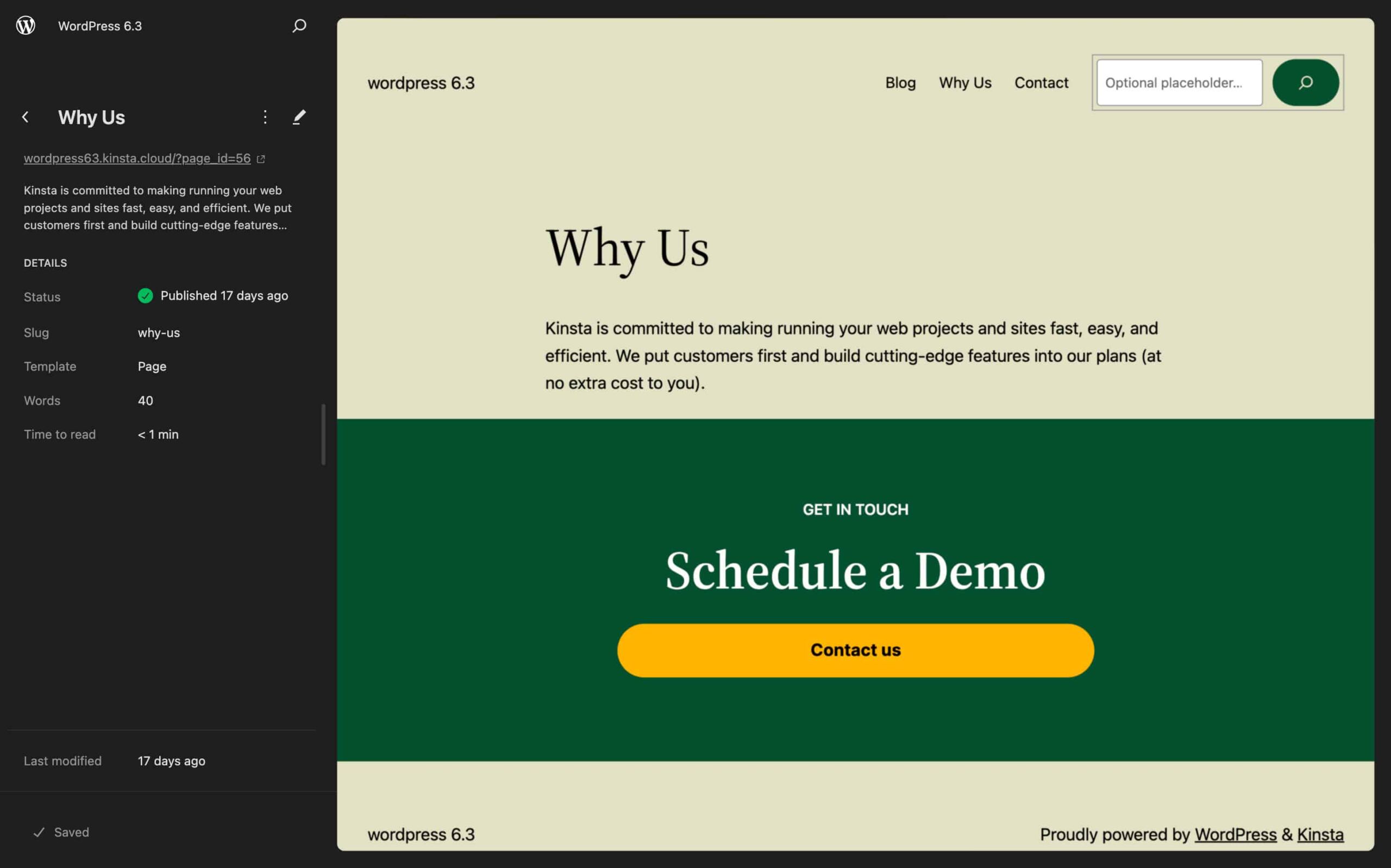 Page details in the Site Editor