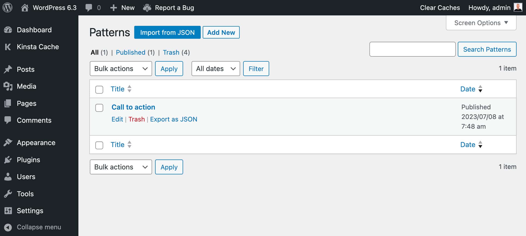 The Patterns screen in WordPress 6.3