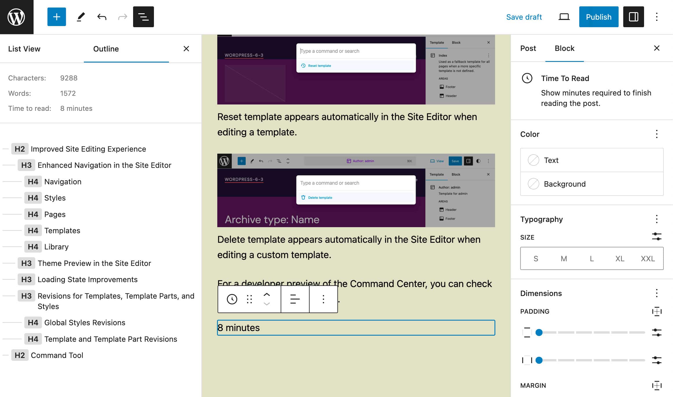 The Time to Read block with settings sidebar and document overview