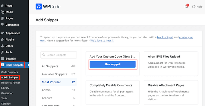 Adding a code snippet to your WordPress website