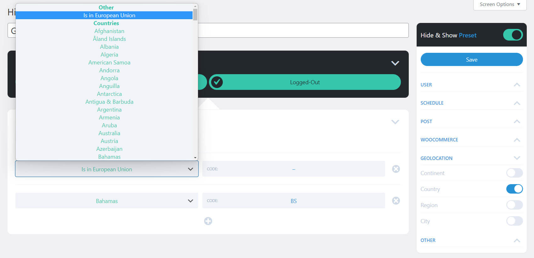 Hide & Show Geolocation by Continent