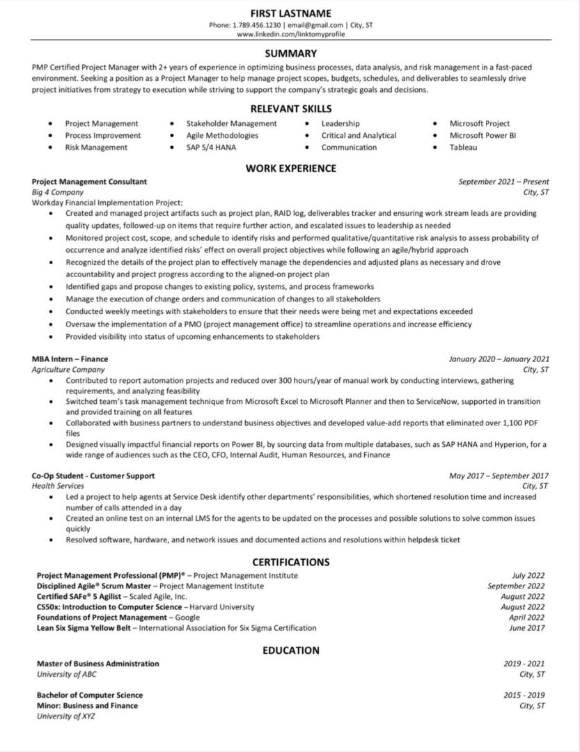 Entry-Level Project Manager Resume Example
