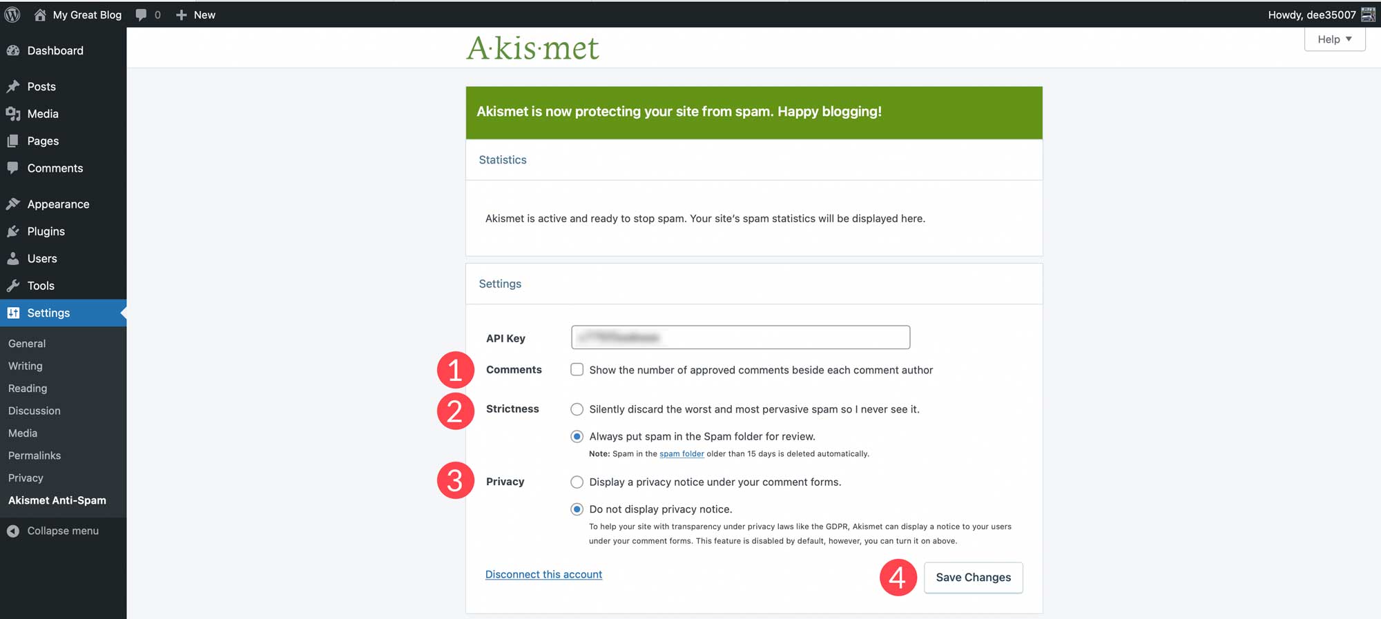 Akismet comment settings