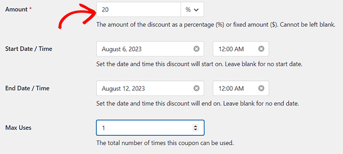 Add amount and time for the coupon code