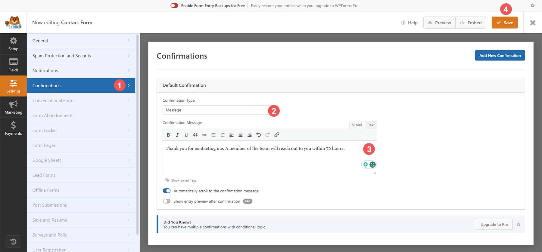 Add confirmation message to your form