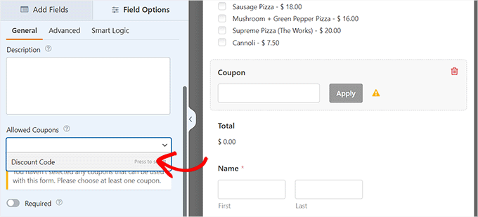 Choose a coupon code from the dropdown menu