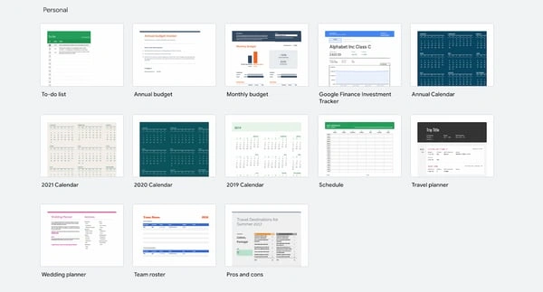 google sheets templates: built-in personal templates gallery