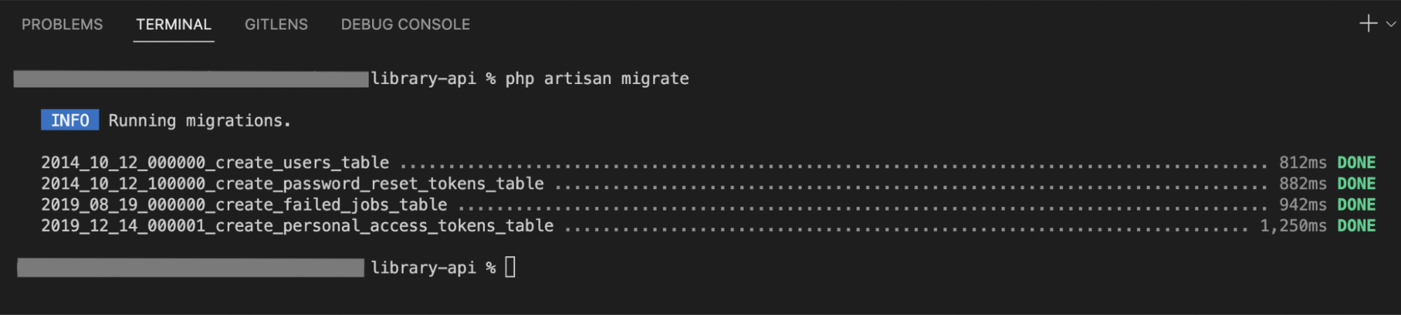 The terminal output displays the "php artisan migrate" Bash command and its output.Immediately below the command, an "INFO" label states "Running migrations."Below this are the four migrations and their statuses, listed as follows:2014_10_12_000000_create_users_table...812ms DONE.2014_10_12_100000_create_password_reset_tokens_table...882ms DONE.2019_08_19_000000_create_failed_jobs_table...942ms DONE.2019_12_14_000001_create_personal_access_tokens_table...1,250ms DONE.Below, the cursor sits on an empty command line to allow additional input.