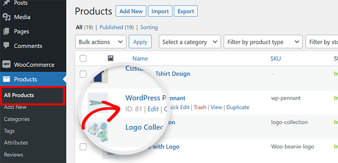 Product ID displayed under product title on the All Products page