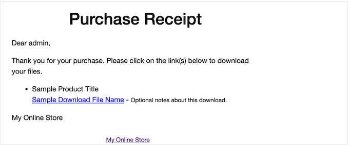 The default Easy Digital Downloads purchase receipt 