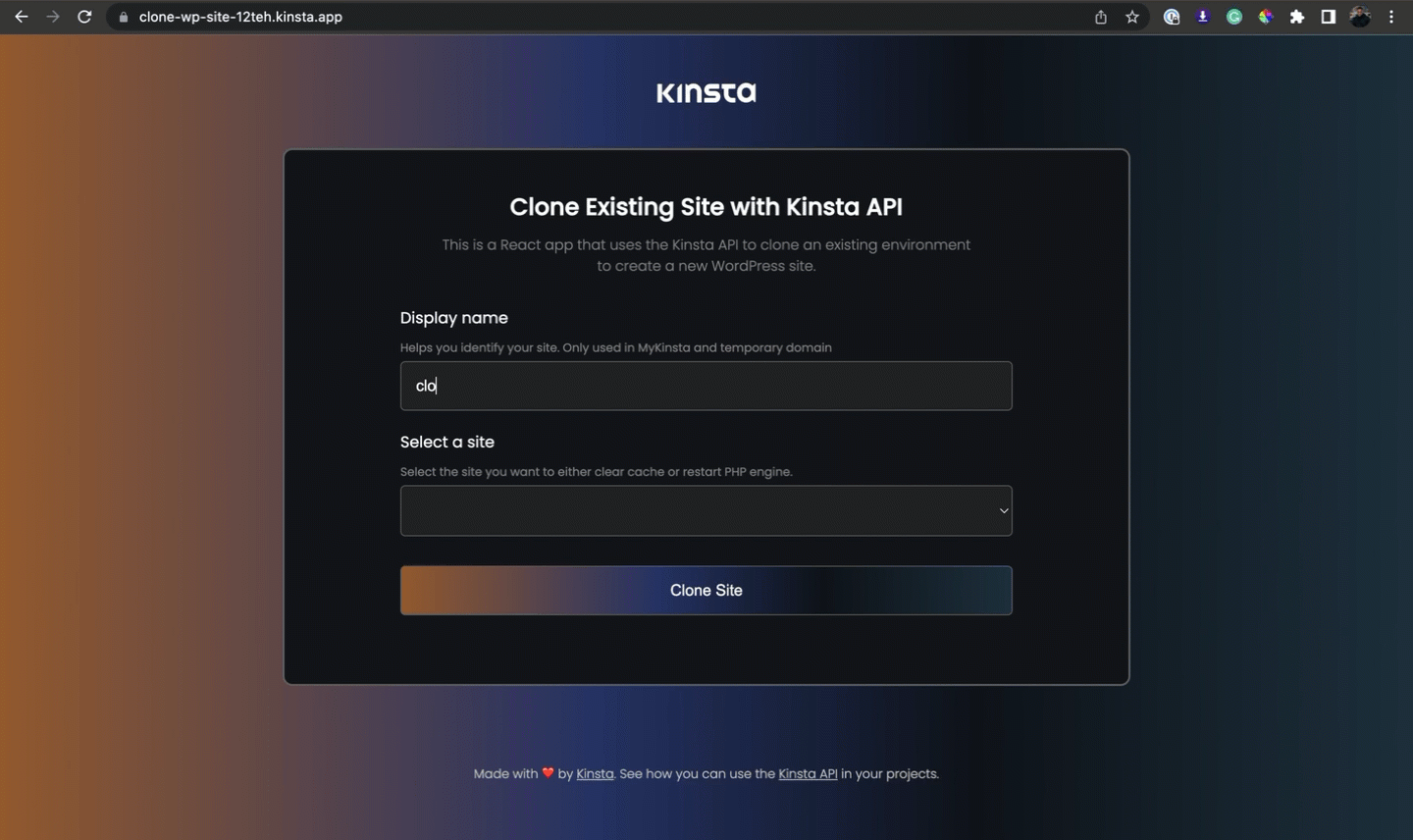React application for cloning site with Kinsta API