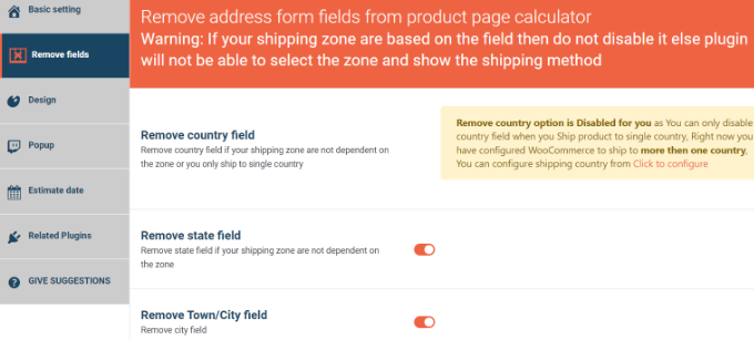 Remove fields from shipping calculator