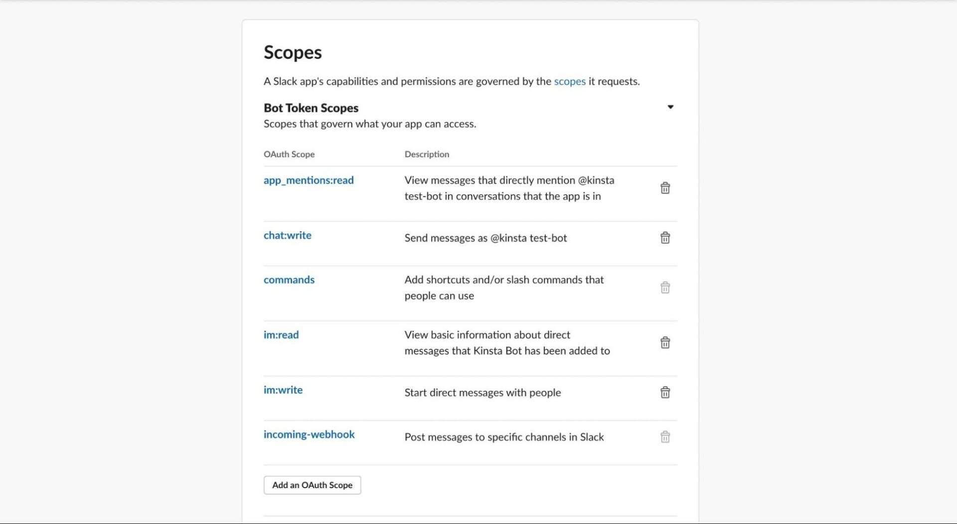 Slack app scopes