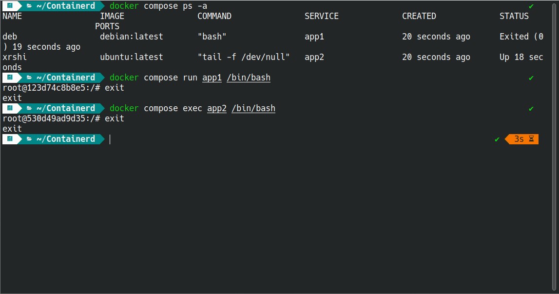 The docker compose run and docker compose exec commands executed in the terminal to access containers.