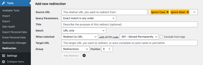 More options for add new redirection