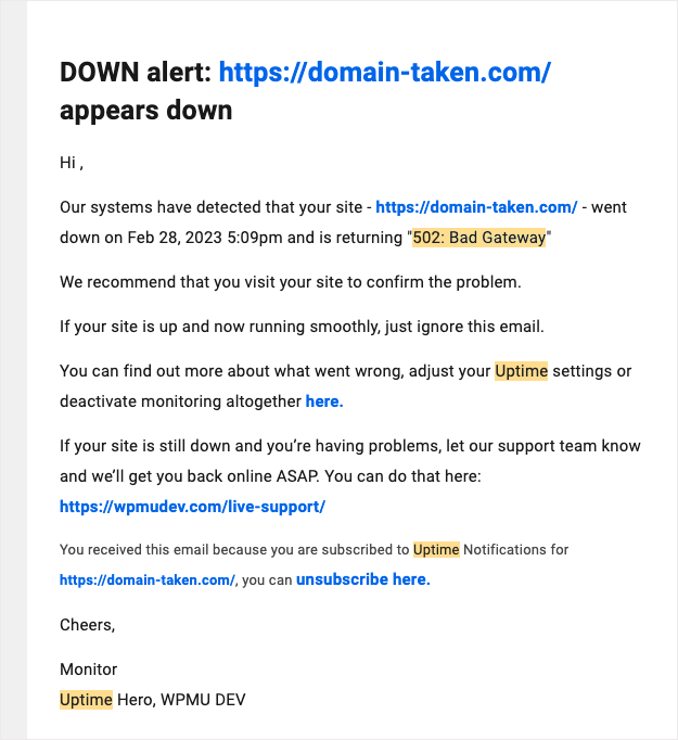 Uptime email alert - website down - 502 error
