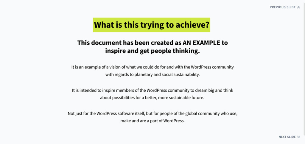 wordpress sustainability team manifesto page