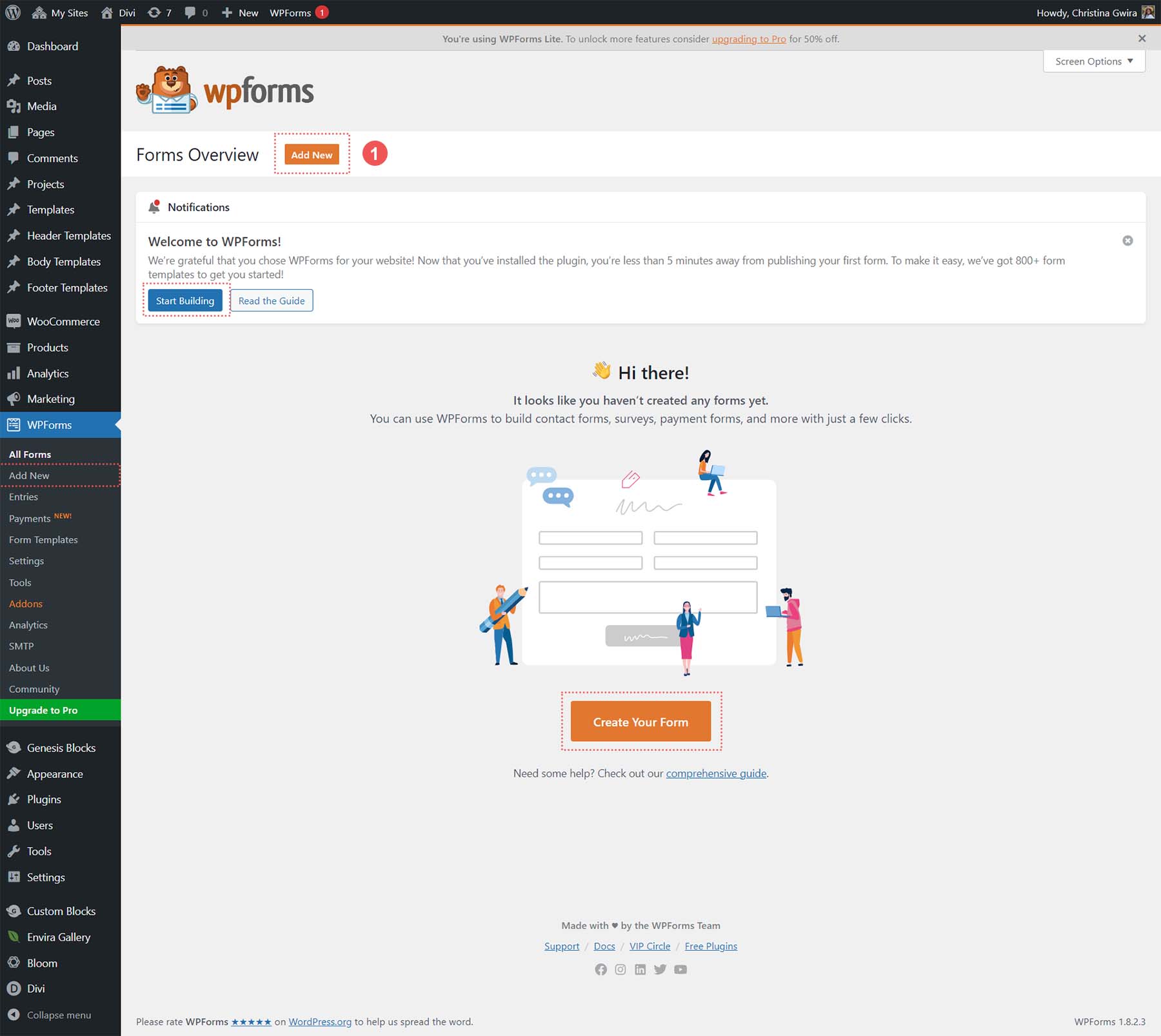 Creatings a new form from the WPForms Dashboard