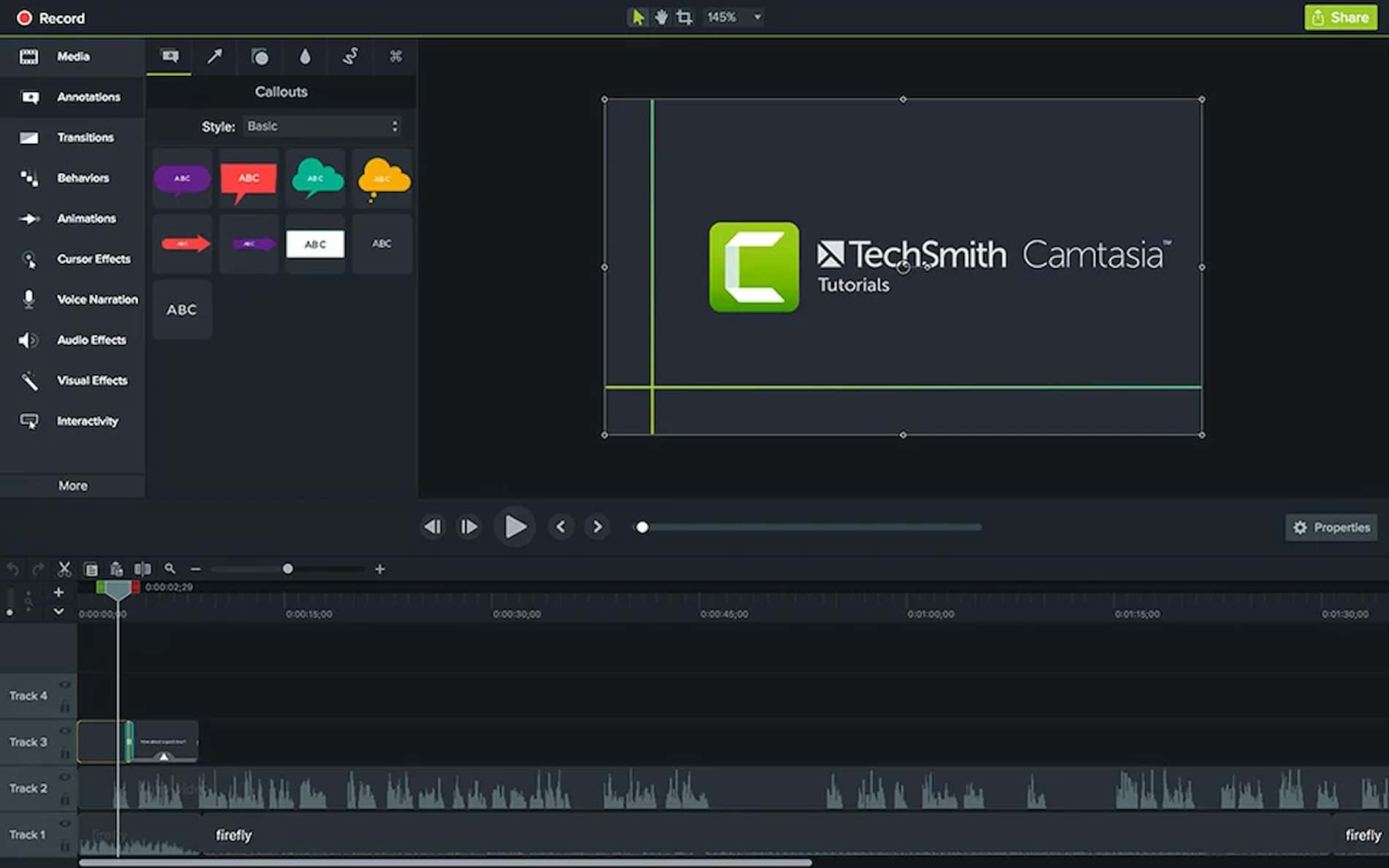 A screenshot of Camtasia's User Interface