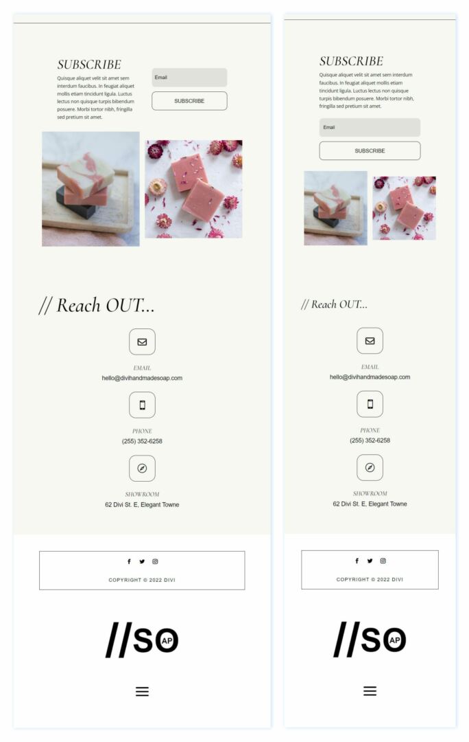 Divi Handmade Soap Footer Tablet and Mobile