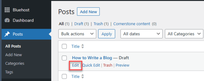 Edit blog post in WordPress